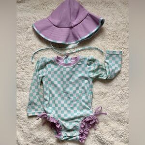 Caden Lane Long sleeve Rash Guard Ruffle Bottom - 18-24M and Matching Hat Size M